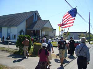 pilgrims in front of church