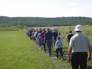 Pilgrims walk through the fields