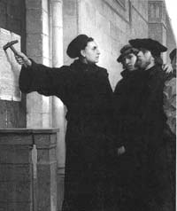 Luther nailing a list of his 95 Latin theses to the door of the church