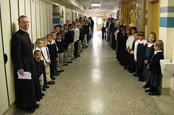 school assembly in the main hallway