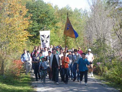 pilgrims with banners