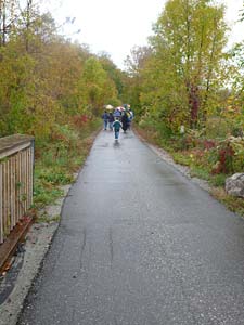 pilgrims between autumn trees